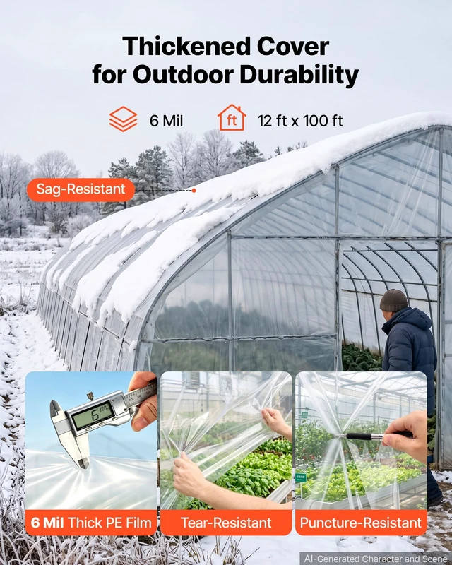 Alt view image 2 of 7 - Greenhouse Plastic Sheeting 12 x 100 ft 6 Mil Clear Polyethylene Film | For Farms Agriculture Garden Outdoor Plant, Water Sun Frost Wind Dust Resistant, Heavy Duty Thick Winter Hoop House Cover