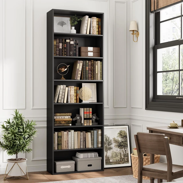 Alt view image 2 of 7 - 82" Tall Bookshelf Black Bookcase, 7-Tier Open Display Shelves | Extra Tall Bookcase with Storage, Floor to Ceiling Bookshelves, Narrow Bookshelf Home Decor Furniture for Office, Living Room