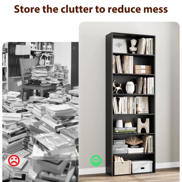 Alt view image 4 of 7 - 82" Tall Bookshelf Black Bookcase, 7-Tier Open Display Shelves | Extra Tall Bookcase with Storage, Floor to Ceiling Bookshelves, Narrow Bookshelf Home Decor Furniture for Office, Living Room