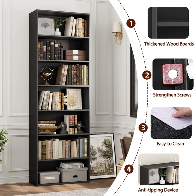 Alt view image 5 of 7 - 82" Tall Bookshelf Black Bookcase, 7-Tier Open Display Shelves | Extra Tall Bookcase with Storage, Floor to Ceiling Bookshelves, Narrow Bookshelf Home Decor Furniture for Office, Living Room