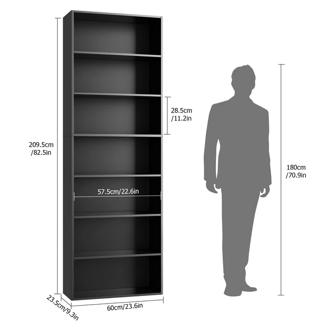Alt view image 6 of 7 - 82" Tall Bookshelf Black Bookcase, 7-Tier Open Display Shelves | Extra Tall Bookcase with Storage, Floor to Ceiling Bookshelves, Narrow Bookshelf Home Decor Furniture for Office, Living Room