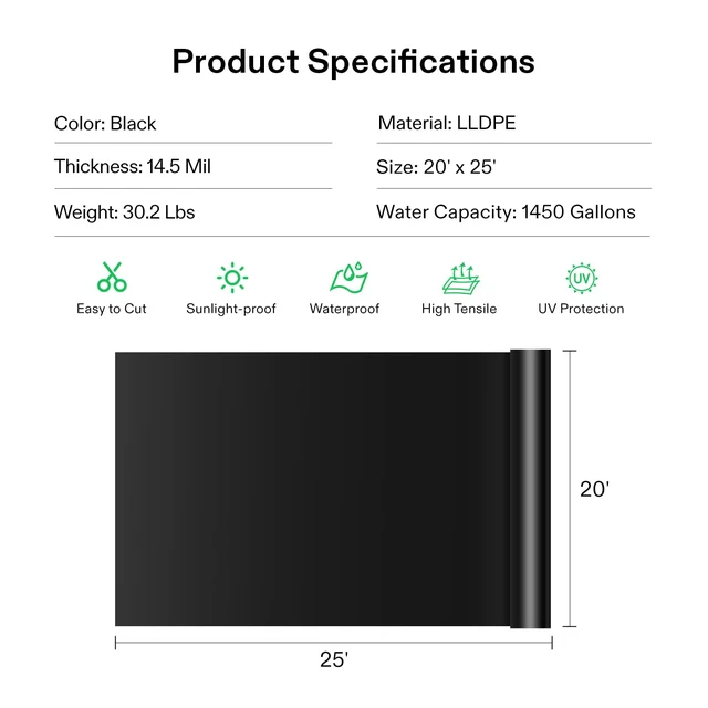 Alt view image 7 of 7 - 20 x 25 Feet Pond Liner for Koi Ponds, Aquaculture and Water Garden | 14.5 Mil Durable LLDPE Pond Liners, Black