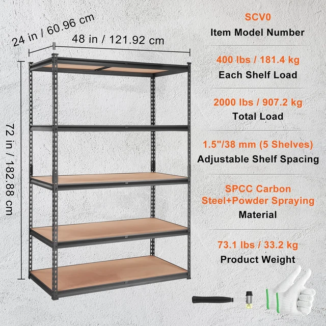 Alt view image 7 of 7 - Storage Shelves 5-Tier Adjustable 2000 lbs 48"x24"x72" Shelving Unit | Heavy Duty Garage Storage Metal Utility Rack Shelf for Kitchen, Pantry, Basement, Bathroom, Laundry, Living Room, Warehouse