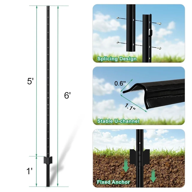 Alt view image 3 of 6 - Splicing 6 ft Black Metal Fence Post, T Posts for Wire Fencing, 15-Pack | No-Dig Steel Stakes T-Posts for Wire Mesh, Welded Garden Fence Roll, Chicken /Dog Fencing, Temporary Outdoor Sign