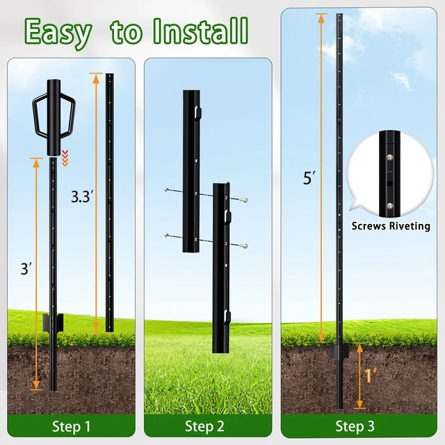 Alt view image 4 of 6 - Splicing 6 ft Black Metal Fence Post, T Posts for Wire Fencing, 15-Pack | No-Dig Steel Stakes T-Posts for Wire Mesh, Welded Garden Fence Roll, Chicken /Dog Fencing, Temporary Outdoor Sign