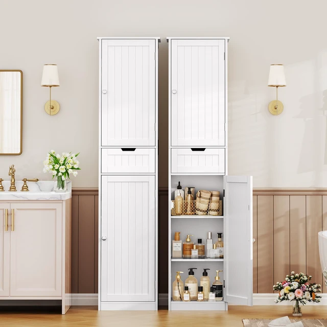 Alt view image 2 of 7 - 66.9" Tall Bathroom Storage Cabinet with 2 Doors & 1 Drawer | Narrow Storage Cabinet with Adjustable Shelves, Floor Cabinet for Bathroom, Living Room, Entryway, Kitchen, White, 15.7" W
