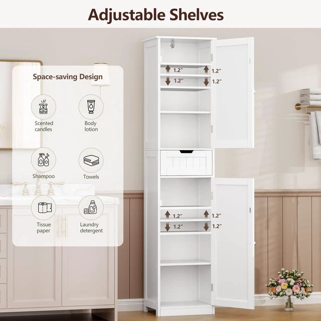 Alt view image 3 of 7 - 66.9" Tall Bathroom Storage Cabinet with 2 Doors & 1 Drawer | Narrow Storage Cabinet with Adjustable Shelves, Floor Cabinet for Bathroom, Living Room, Entryway, Kitchen, White, 15.7" W
