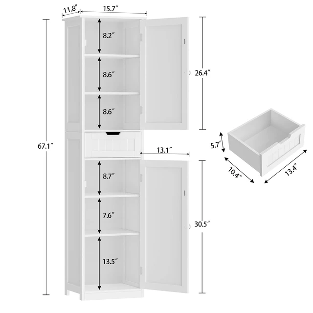 Alt view image 4 of 7 - 66.9" Tall Bathroom Storage Cabinet with 2 Doors & 1 Drawer | Narrow Storage Cabinet with Adjustable Shelves, Floor Cabinet for Bathroom, Living Room, Entryway, Kitchen, White, 15.7" W