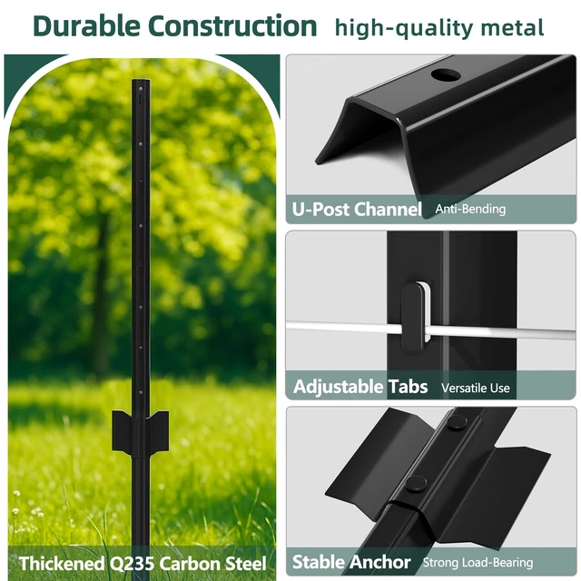 Alt view image 2 of 7 - Metal Fence Post 7feet, Heavy Duty Garden Fence Post for Holding Wire Fence, Sign U Post Pack of 8 Sturdy Outdoor No Dig Fence Post for Garden Yard Black
