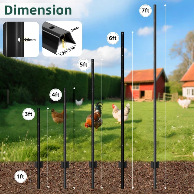 Alt view image 3 of 7 - Metal Fence Post 7feet, Heavy Duty Garden Fence Post for Holding Wire Fence, Sign U Post Pack of 8 Sturdy Outdoor No Dig Fence Post for Garden Yard Black