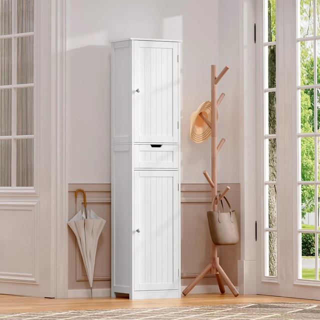 Alt view image 7 of 7 - 66.9" Tall Bathroom Storage Cabinet with 2 Doors & 1 Drawer | Narrow Storage Cabinet with Adjustable Shelves, Floor Cabinet for Bathroom, Living Room, Entryway, Kitchen, White, 15.7" W