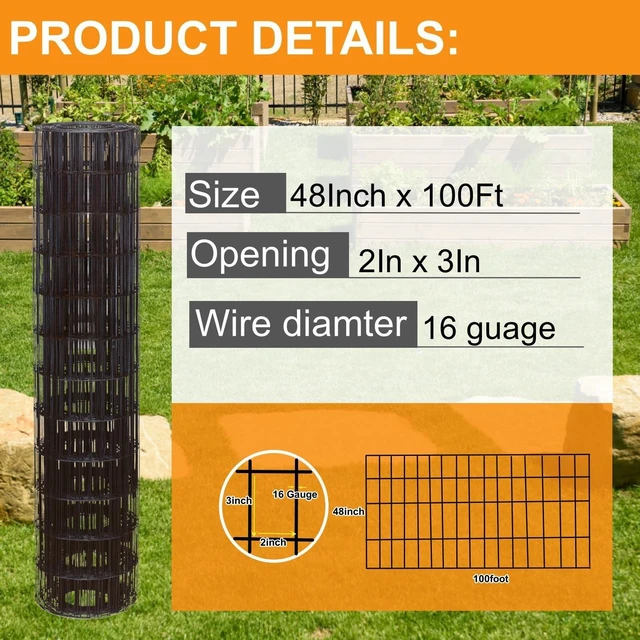 Alt view image 2 of 7 - Wire Fence 48in x 100ft, 2"x3" Mesh, 16 Gauge Garden Fence | Black PVC Coated Garden Fencing for Yard & Pet Barrier, Chicken Wire Fencing, Dog Enclosure Mesh, Vegetable Plant Protector