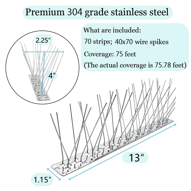 Alt view image 4 of 5 - Bird Spikes,Stainless Steel Bird Spikes Metal Bird Spikes Fence Spikes Easy to Install - 70 Strips 75.78 Feet Coverage