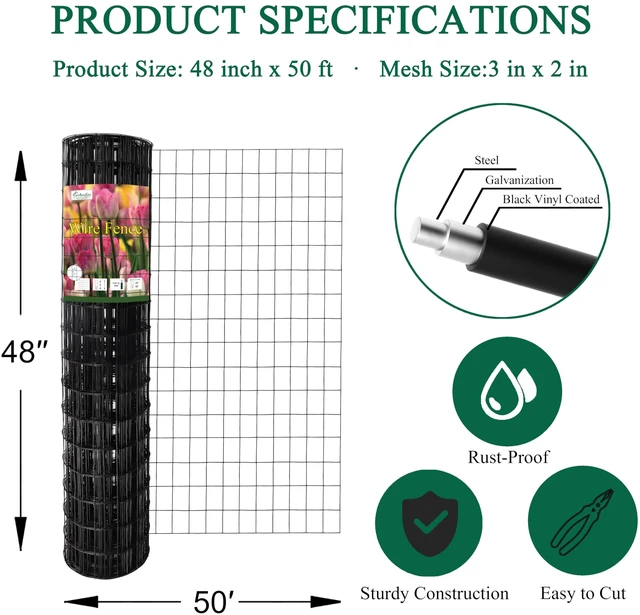 Alt view image 3 of 6 - Black PVC Coated Welded Wire Fence 48" x 50' Roll, 2"x3" Mesh, 16 Gauge | Vinyl Coated Garden Fencing, Yard & Pet Barrier, Chicken Wire Fencing, Dog Enclosure Mesh, Vegetable Plant Protector