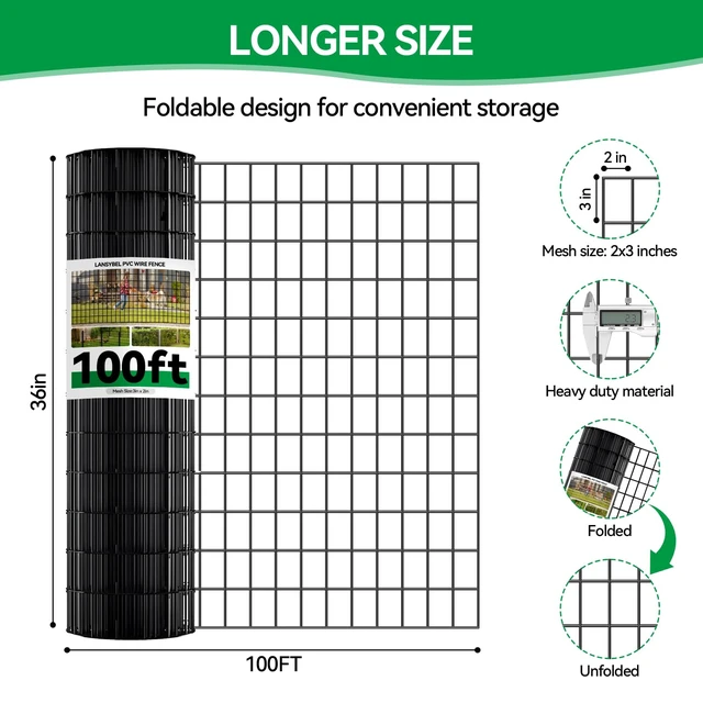 Alt view image 2 of 7 - Welded Wire Fence, 100t(L) x 36inch(H) PVC Anti-Rust Coated Wire Mesh, 2 Inch x 3 Inch 16GA Garden Edging Border, Roll Metal Animal Barrier for Yard Vegetable Plant Protection Poultry Netting