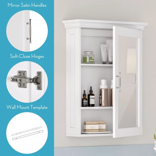 Alt view image 2 of 5 - Somerset Bathroom Wall Mount Medicine Cabinet with Mirror, White | Bath Storage Cabinet with Adjustable Interior Shelf and Soft Close Hinges, Two-Tone Handles and Coved Top Detailing