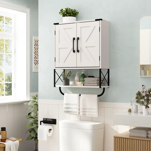Alt view image 2 of 7 - Farmhouse Medicine Cabinet with 2 Barn Door & Towel Bar Rack | Boho Wood Wall Mounted Storage Cabinet with Adjustable Shelf, 3-Tier Above Toilet Cabinet for Bathroom, Laundry, Living Room