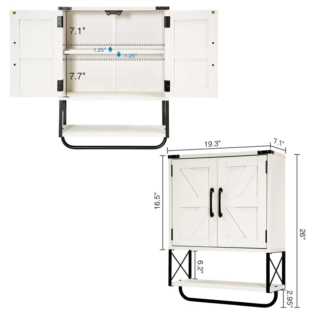 Alt view image 3 of 7 - Farmhouse Medicine Cabinet with 2 Barn Door & Towel Bar Rack | Boho Wood Wall Mounted Storage Cabinet with Adjustable Shelf, 3-Tier Above Toilet Cabinet for Bathroom, Laundry, Living Room
