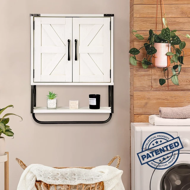 Alt view image 4 of 7 - Farmhouse Medicine Cabinet with 2 Barn Door & Towel Bar Rack | Boho Wood Wall Mounted Storage Cabinet with Adjustable Shelf, 3-Tier Above Toilet Cabinet for Bathroom, Laundry, Living Room