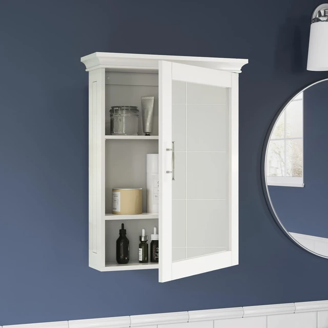Alt view image 5 of 5 - Somerset Bathroom Wall Mount Medicine Cabinet with Mirror, White | Bath Storage Cabinet with Adjustable Interior Shelf and Soft Close Hinges, Two-Tone Handles and Coved Top Detailing