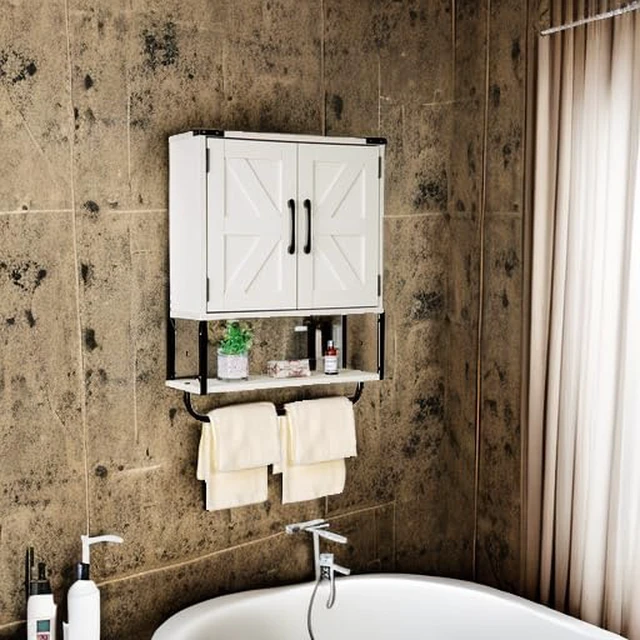 Alt view image 5 of 7 - Farmhouse Medicine Cabinet with 2 Barn Door & Towel Bar Rack | Boho Wood Wall Mounted Storage Cabinet with Adjustable Shelf, 3-Tier Above Toilet Cabinet for Bathroom, Laundry, Living Room