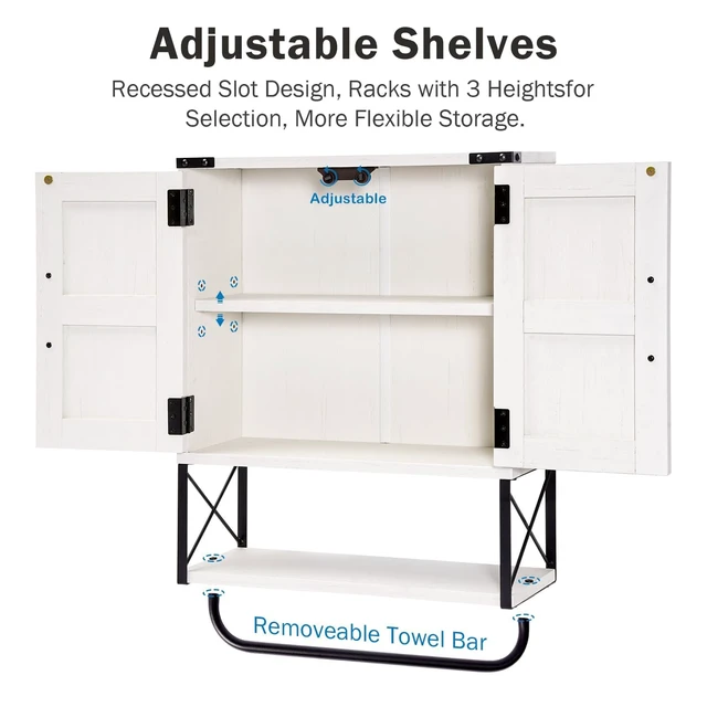Alt view image 6 of 7 - Farmhouse Medicine Cabinet with 2 Barn Door & Towel Bar Rack | Boho Wood Wall Mounted Storage Cabinet with Adjustable Shelf, 3-Tier Above Toilet Cabinet for Bathroom, Laundry, Living Room
