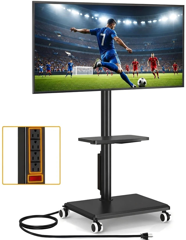 Main image of Rolling TV Stand with Power Outlet for 32-60 inch TVs | Swivel Height Adjustable TV Cart with Power Outlet & Shelf, Holds 88lbs, Black for Bedroom Living Room Office