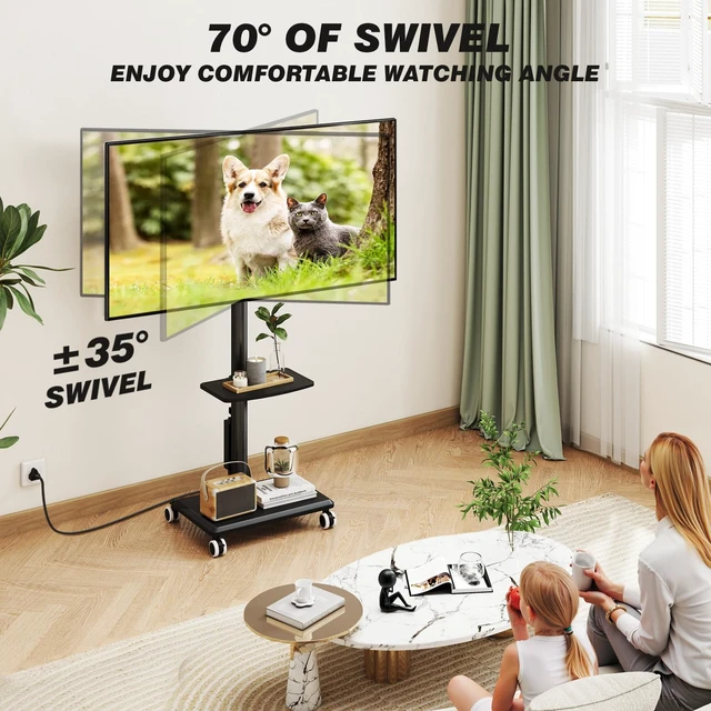 Alt view image 2 of 7 - Rolling TV Stand with Power Outlet for 32-60 inch TVs | Swivel Height Adjustable TV Cart with Power Outlet & Shelf, Holds 88lbs, Black for Bedroom Living Room Office