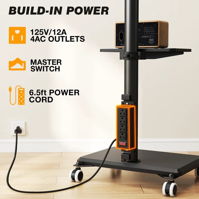 Alt view image 4 of 7 - Rolling TV Stand with Power Outlet for 32-60 inch TVs | Swivel Height Adjustable TV Cart with Power Outlet & Shelf, Holds 88lbs, Black for Bedroom Living Room Office