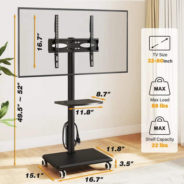 Alt view image 6 of 7 - Rolling TV Stand with Power Outlet for 32-60 inch TVs | Swivel Height Adjustable TV Cart with Power Outlet & Shelf, Holds 88lbs, Black for Bedroom Living Room Office