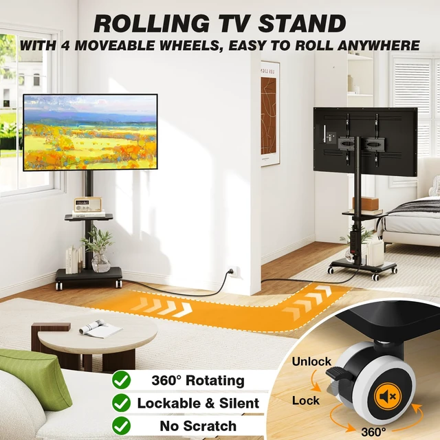 Alt view image 5 of 7 - Rolling TV Stand with Power Outlet for 32-60 inch TVs | Swivel Height Adjustable TV Cart with Power Outlet & Shelf, Holds 88lbs, Black for Bedroom Living Room Office