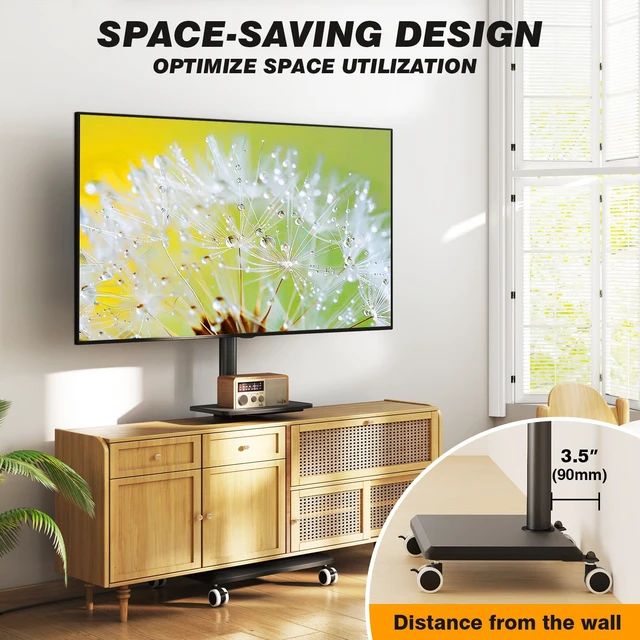 Alt view image 7 of 7 - Rolling TV Stand with Power Outlet for 32-60 inch TVs | Swivel Height Adjustable TV Cart with Power Outlet & Shelf, Holds 88lbs, Black for Bedroom Living Room Office