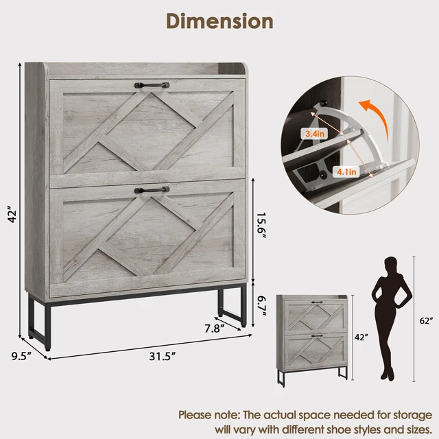 Alt view image 2 of 7 - Shoe Storage Cabinet with 2 Flip Drawers, Entryway Organizer, Gray | Slim Shoe Cabinet with Metal Legs, Narrow Farmhouse Shoe Organizer for Entryway, Foyer, Hallway, Wood Shoe Rack with Hook