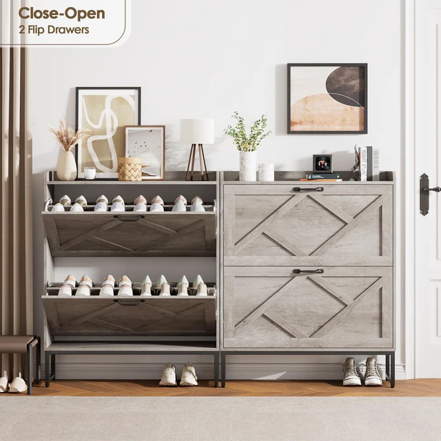 Alt view image 3 of 7 - Shoe Storage Cabinet with 2 Flip Drawers, Entryway Organizer, Gray | Slim Shoe Cabinet with Metal Legs, Narrow Farmhouse Shoe Organizer for Entryway, Foyer, Hallway, Wood Shoe Rack with Hook