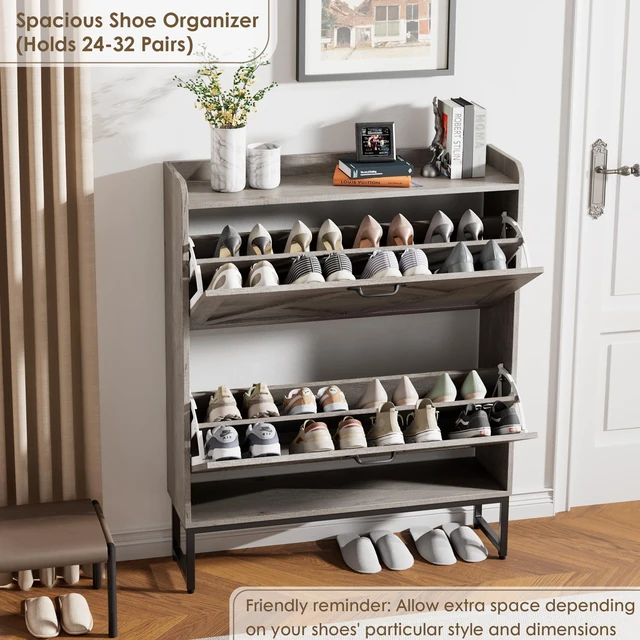 Alt view image 4 of 7 - Shoe Storage Cabinet with 2 Flip Drawers, Entryway Organizer, Gray | Slim Shoe Cabinet with Metal Legs, Narrow Farmhouse Shoe Organizer for Entryway, Foyer, Hallway, Wood Shoe Rack with Hook
