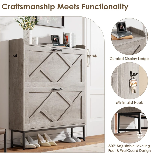 Alt view image 5 of 7 - Shoe Storage Cabinet with 2 Flip Drawers, Entryway Organizer, Gray | Slim Shoe Cabinet with Metal Legs, Narrow Farmhouse Shoe Organizer for Entryway, Foyer, Hallway, Wood Shoe Rack with Hook
