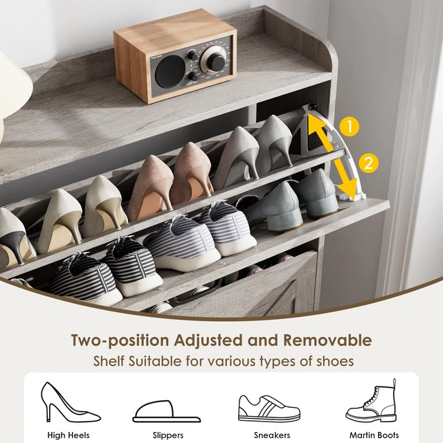 Alt view image 6 of 7 - Shoe Storage Cabinet with 2 Flip Drawers, Entryway Organizer, Gray | Slim Shoe Cabinet with Metal Legs, Narrow Farmhouse Shoe Organizer for Entryway, Foyer, Hallway, Wood Shoe Rack with Hook