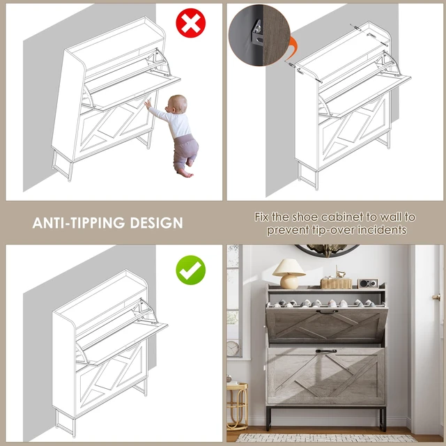 Alt view image 7 of 7 - Shoe Storage Cabinet with 2 Flip Drawers, Entryway Organizer, Gray | Slim Shoe Cabinet with Metal Legs, Narrow Farmhouse Shoe Organizer for Entryway, Foyer, Hallway, Wood Shoe Rack with Hook