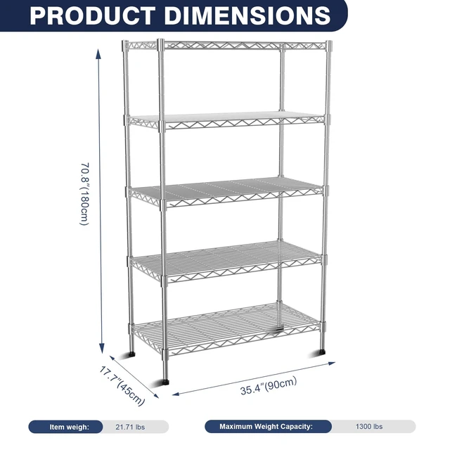 Alt view image 2 of 7 - 5-Tier Heavy Duty Metal Shelf,Chrome Wire Shelving Unit 35"Wx18Dx71H | Height Adjustable Storage Wire Shelves with Lockable Wheels for Garage,Kitchen,Office,Bathroom,Studio