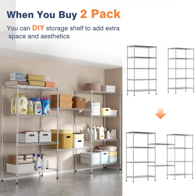 Alt view image 7 of 7 - 5-Tier Heavy Duty Metal Shelf,Chrome Wire Shelving Unit 35"Wx18Dx71H | Height Adjustable Storage Wire Shelves with Lockable Wheels for Garage,Kitchen,Office,Bathroom,Studio