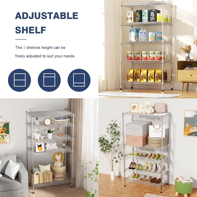 Alt view image 4 of 7 - 5-Tier Heavy Duty Metal Shelf,Chrome Wire Shelving Unit 35"Wx18Dx71H | Height Adjustable Storage Wire Shelves with Lockable Wheels for Garage,Kitchen,Office,Bathroom,Studio