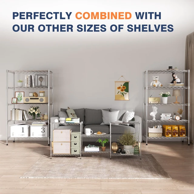 Alt view image 5 of 7 - 5-Tier Heavy Duty Metal Shelf,Chrome Wire Shelving Unit 35"Wx18Dx71H | Height Adjustable Storage Wire Shelves with Lockable Wheels for Garage,Kitchen,Office,Bathroom,Studio