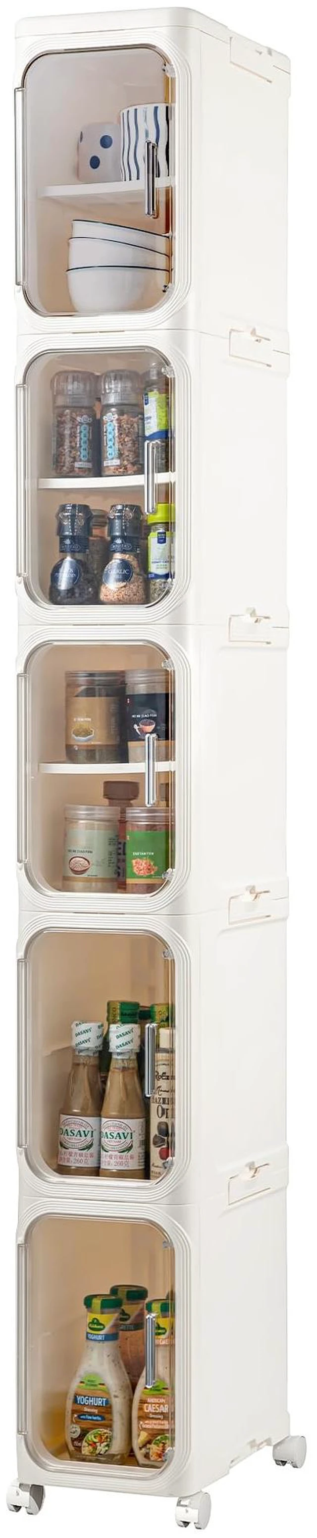 Main image of 5-Tier Narrow Storage Cabinet Slim Bathroom Tall Skinny OrganizerBeige | Foldable Storage Cabinet with Lockable Rolling Wheels Magnetic Clear Door Adjustable Detachable Shelves For Narrow Space