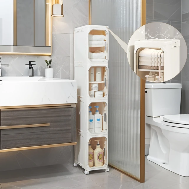 Alt view image 2 of 7 - 5-Tier Narrow Storage Cabinet Slim Bathroom Tall Skinny OrganizerBeige | Foldable Storage Cabinet with Lockable Rolling Wheels Magnetic Clear Door Adjustable Detachable Shelves For Narrow Space