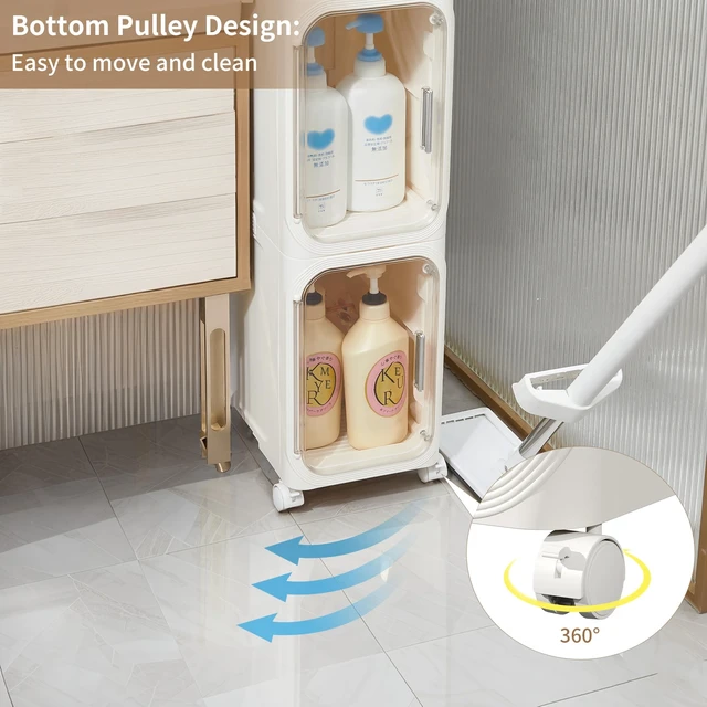 Alt view image 3 of 7 - 5-Tier Narrow Storage Cabinet Slim Bathroom Tall Skinny OrganizerBeige | Foldable Storage Cabinet with Lockable Rolling Wheels Magnetic Clear Door Adjustable Detachable Shelves For Narrow Space
