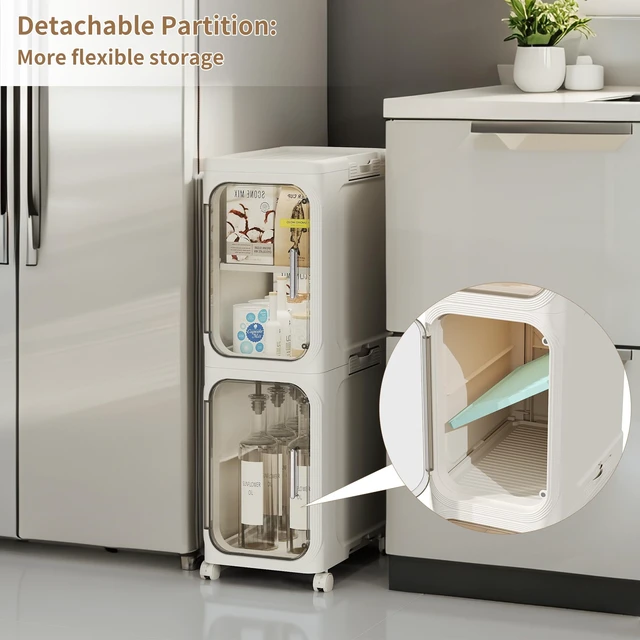 Alt view image 4 of 7 - 5-Tier Narrow Storage Cabinet Slim Bathroom Tall Skinny OrganizerBeige | Foldable Storage Cabinet with Lockable Rolling Wheels Magnetic Clear Door Adjustable Detachable Shelves For Narrow Space