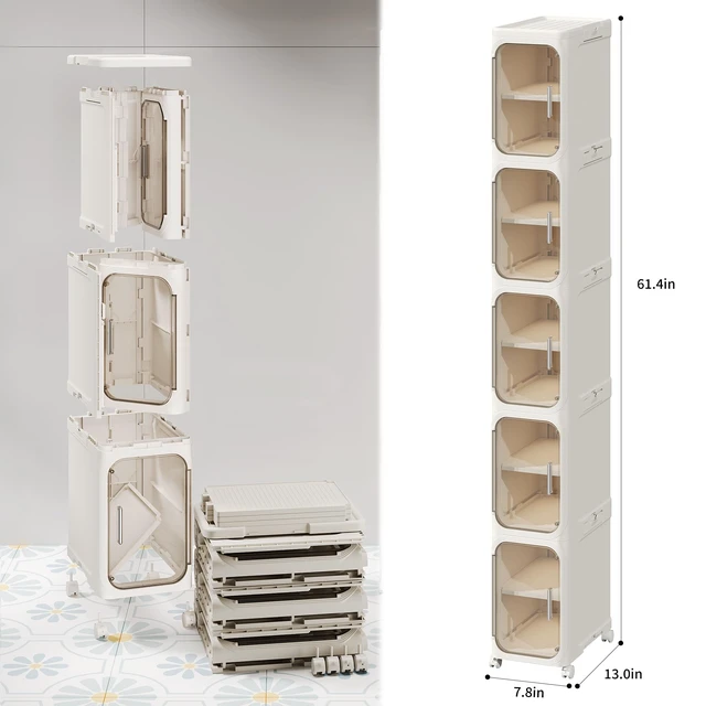Alt view image 5 of 7 - 5-Tier Narrow Storage Cabinet Slim Bathroom Tall Skinny OrganizerBeige | Foldable Storage Cabinet with Lockable Rolling Wheels Magnetic Clear Door Adjustable Detachable Shelves For Narrow Space