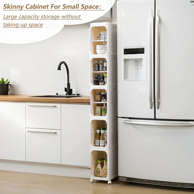 Alt view image 6 of 7 - 5-Tier Narrow Storage Cabinet Slim Bathroom Tall Skinny OrganizerBeige | Foldable Storage Cabinet with Lockable Rolling Wheels Magnetic Clear Door Adjustable Detachable Shelves For Narrow Space