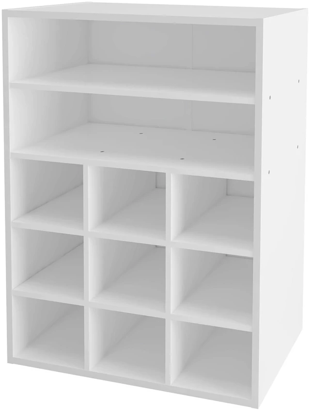 Main image of Shoe Cubby, 9-Cube Stackable Wood Shoe Rack Organizer 24 Inch, White | 5-Tier Freestanding Shoe Stand with 2 Storage Shelf, Holds 10-15 Pairs, Ideal for Apartment, Entryway, Closet Organization