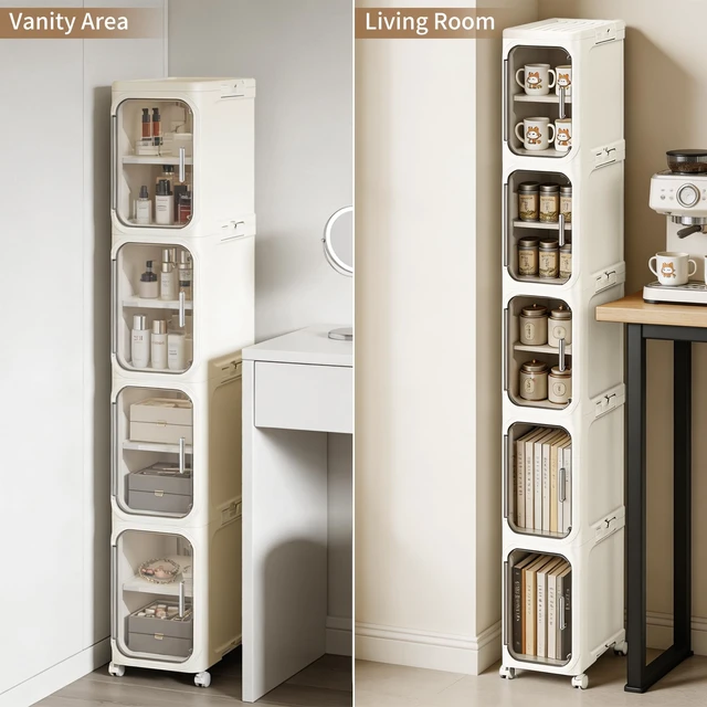 Alt view image 7 of 7 - 5-Tier Narrow Storage Cabinet Slim Bathroom Tall Skinny OrganizerBeige | Foldable Storage Cabinet with Lockable Rolling Wheels Magnetic Clear Door Adjustable Detachable Shelves For Narrow Space